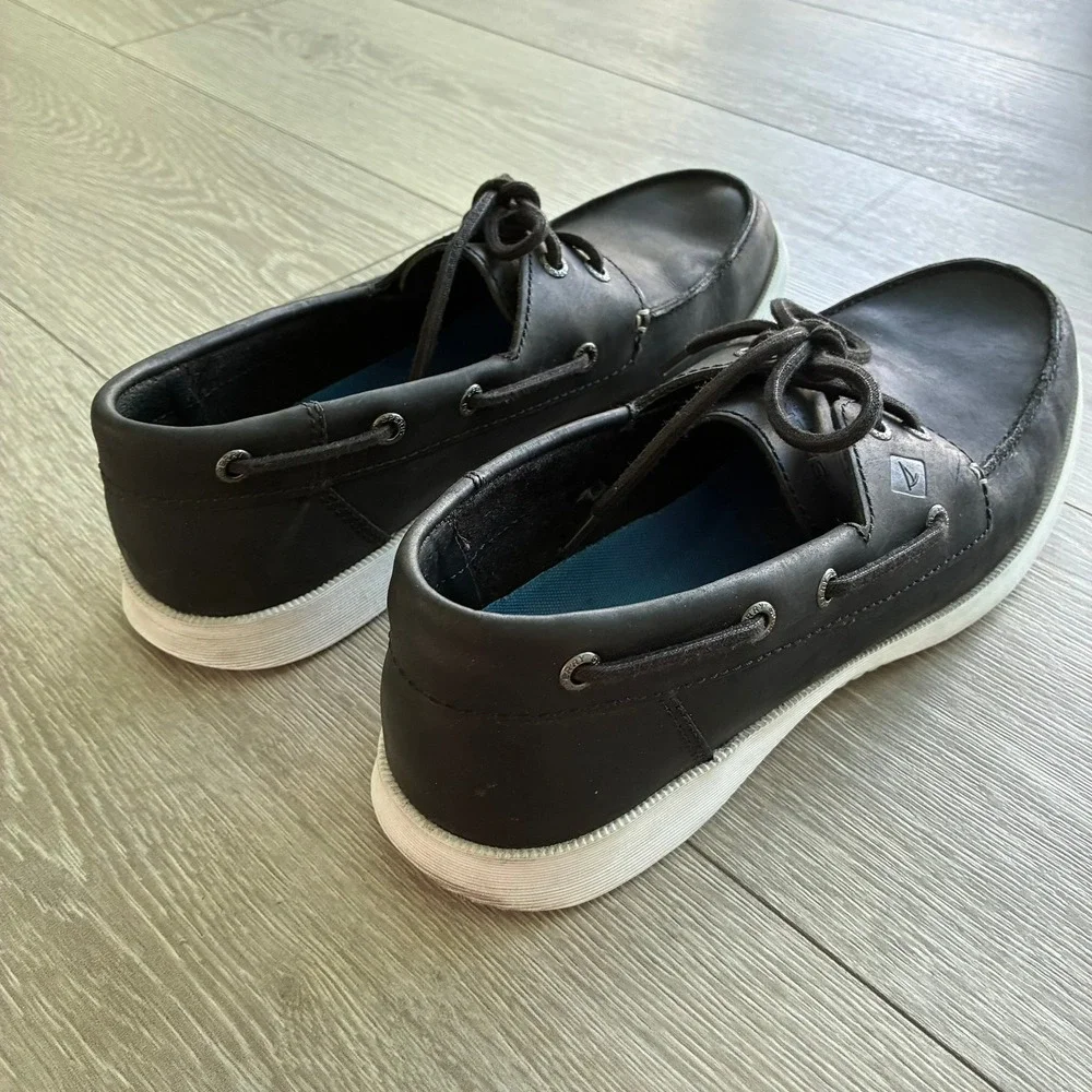 Sperry Top-Sider Mens Black Leather Boat Shoes Memory Foam Loafers 9.5M